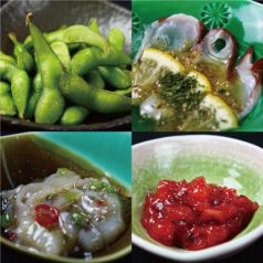料理メニュー写真 枝豆/タコのカルパッチョ/たこわさ/梅くらげ/かつおのたたき