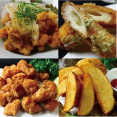 料理メニュー写真 若鶏の唐揚げポン酢かけ/ちくわの磯部揚げ/若鶏の軟骨唐揚げ/揚げ出し餅