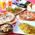 宴会に最適！4名様～飲み放題付ピザパスタ宴会コース◎飲み中心で軽めのお食事は選べるパスタ・選べるピザ・アヒージョなど全６品に飲み放題が付いたおしゃれで楽しい宴会にぴったり！お席の時間に制限はございません。17:00-22:00最大5時間ご利用頂けます♪