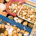 水槽からとれたての貝をご賞味あれ　磯の風味が広がります