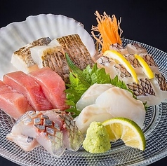 白身系の刺身→真鯛、コショウ鯛、甘鯛、黒鯛、ホウボウ、平目、スズキ、コチ、メカジキ等、各種
