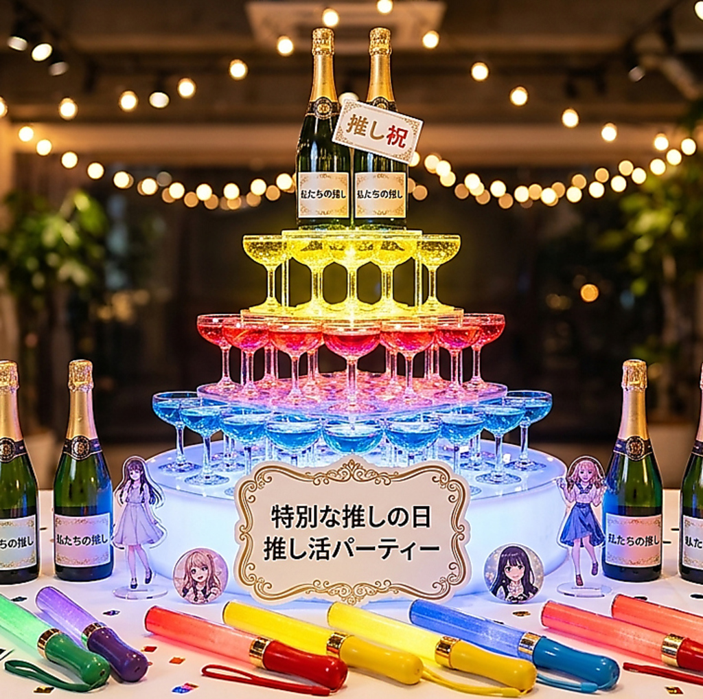 推し活プランでは「選べる推し色シャンパンタワー」がついています♪オフ会やパーティーにも◎