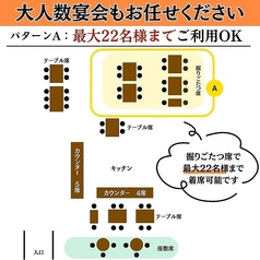店舗右奥の掘りごたつ席を全て利用すると、最大22名様までご着席いただけます。足を伸ばしてゆったり過ごす宴会はいかがですか？