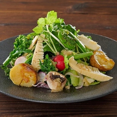 柑橘と春山菜の十四種野菜サラダ　擦りおろし林檎ドレッシング