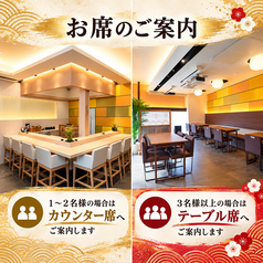 1～2名様の御予約の場合は、カウンター席へご案内いたします。3名様以上の場合は、テーブル席にご案内いたします。なお、足が不自由な方がいる場合などは、ローカウンター席もご用意しておりますので、店舗までお気軽ご相談ください。