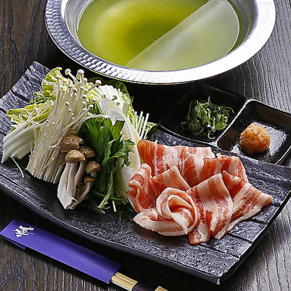 【120分飲み放題付】緑茶色のお出汁が美味『大和ポークの茶しゃぶ鍋コース』｜宴会・飲み会