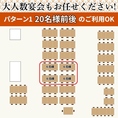 【パターン1】20名様前後のご利用に。6名様掛けのテーブルを4卓組み合わせることで、20名様前後の中規模宴会にも対応可能です。各種宴会や打ち上げなど、様々なシーンでぜひご利用ください。