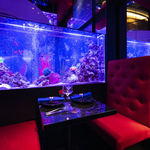 【 全席アクアリウム 】ライトアップされた巨大水槽と店内の照明調整がロマンチックな雰囲気です。