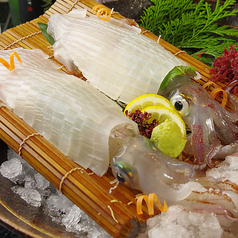 市場より仕入れた新鮮な魚…『活イカ姿造り』の写真