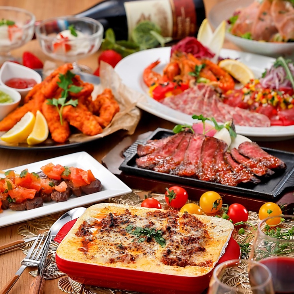 ボルケーノパスタ、熟成ハラミの鉄板ステーキなどボリューム、コスパ◎、1番人気のパーティーコース