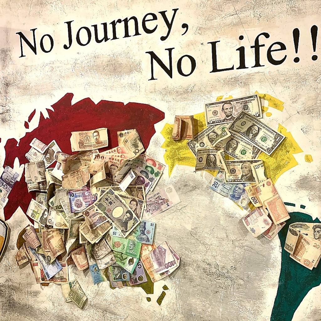 オーナーが旅した国の紙幣を貼っています。アフリカや南米の紙幣を持っていたら寄付してほしいです笑