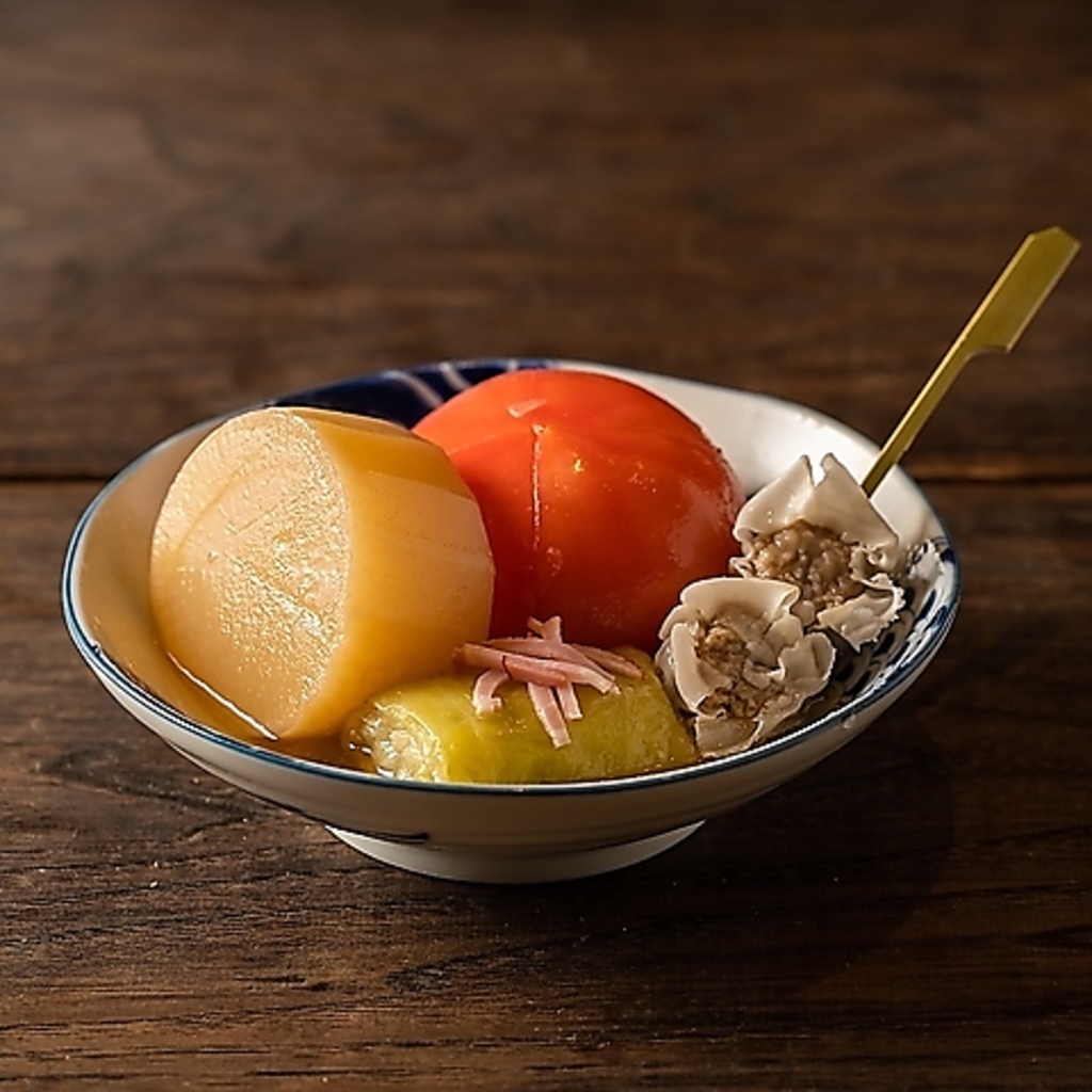 神楽自慢の「おでん」をぜひご賞味ください。特製出汁は優しく、味の染みた大根や牛すじが絶品です。