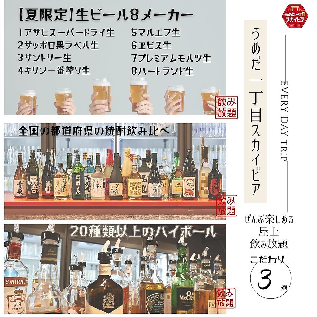 梅田/大阪駅/大阪駅前ビル/ビアガーデン/BBQ/屋上/生ビール/焼肉/飲み放題/貸切/歓送迎会/テラス