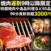【夜9時以降がお得】毎日夜9時以降限定！個室焼肉食放！【牛カルビや特選焼肉など65品食放×90分飲放プラン】2800円