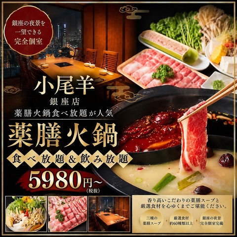 【銀座駅5分】当日予約OK！人気の薬膳火鍋食べ放題飲み放題5980円～！完全個室完備