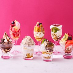 生チョコパフェ/モンブランパフェ/抹茶わらび餅の京ほうじ茶パフェ/ベビーフェイスパフェ 各