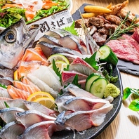 【豪華関サバ姿造り刺身盛】+【豪華肉3種盛りプレート】