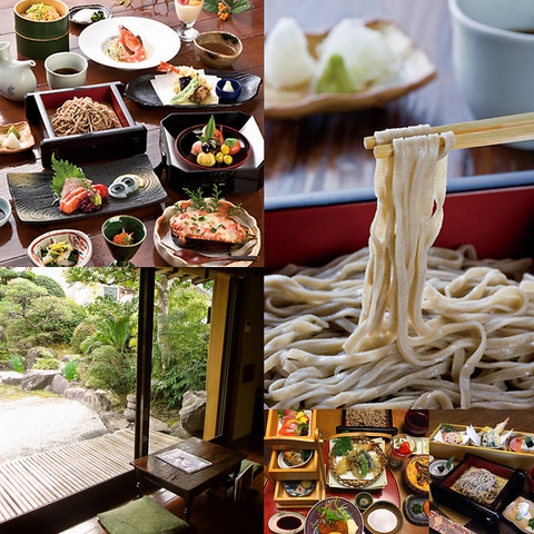 日本庭園を見ながら、本格手ごねそばと会席料理を楽しめるお店。仕出し弁当も好評です