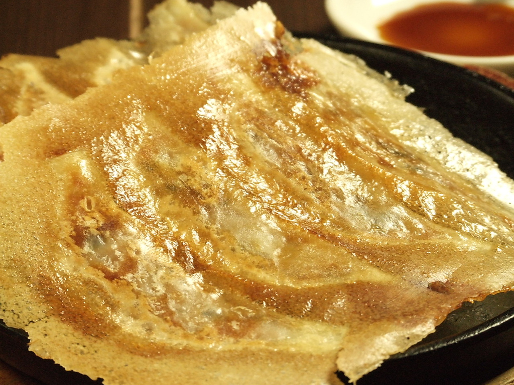 羽根つきの鉄鍋餃子