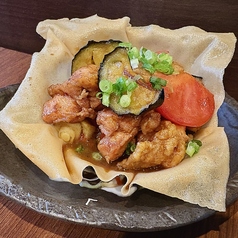 大阪茄子と鶏の唐揚げのスパイシー炒め