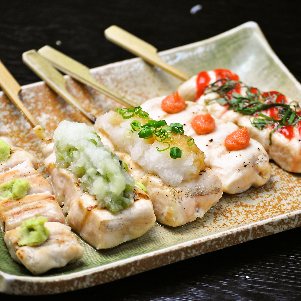 ささみ5本セット（わさび／梅ソース／おろしポン酢／山わさび／明太子）　890円(税抜)