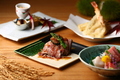 料理メニュー写真 猪口3種類・手毬寿司・鱸白味噌焼き