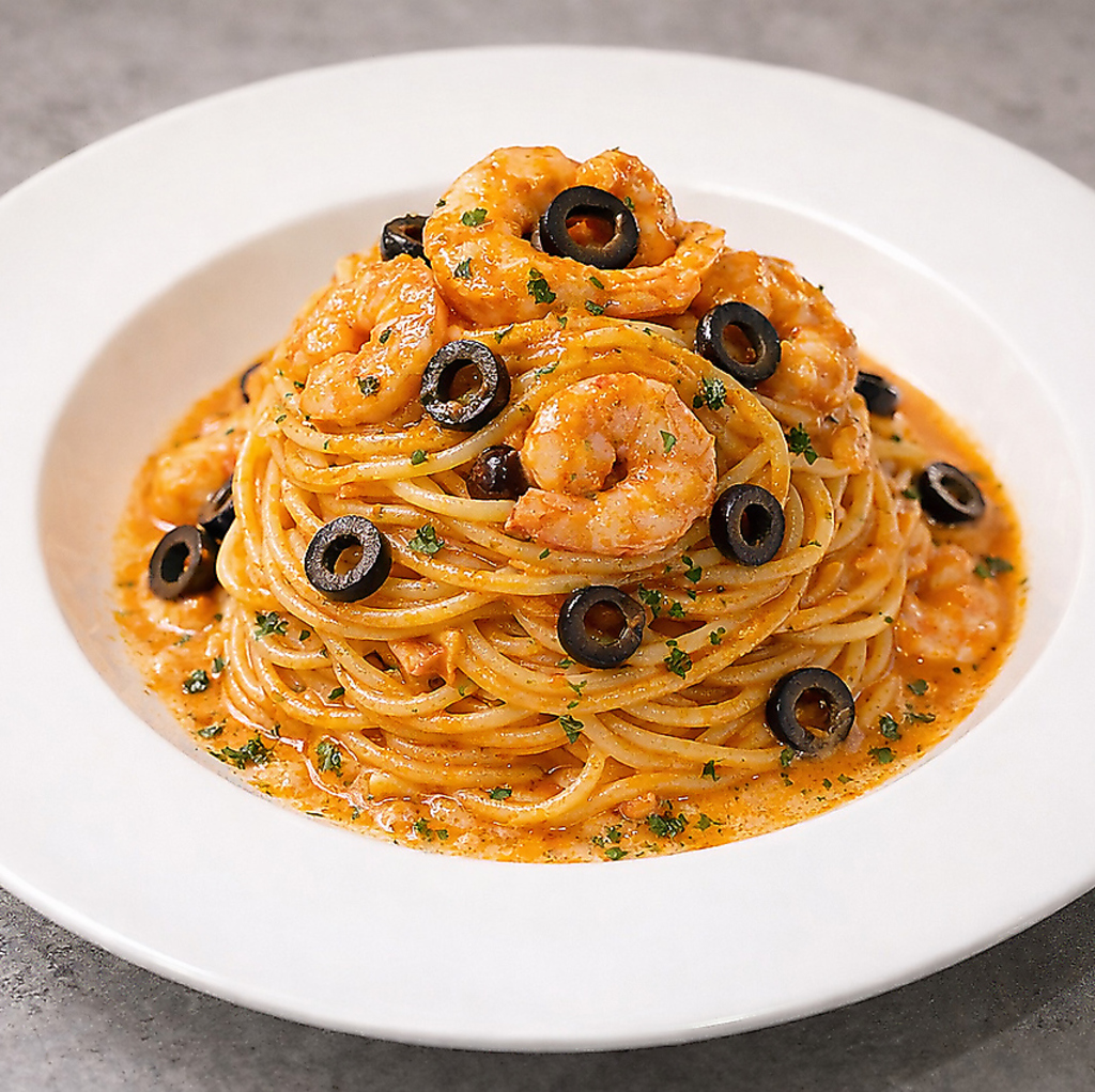 海老の旨みとオリーブの香りが溶け合う濃厚トマトクリーム。コクと酸味の贅沢な調和をお酒と共に。