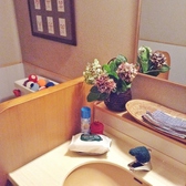 料理屋にとってお化粧室は大事な空間。2カ所ある個室には四季の花やお一人様ずつ使い捨ての古布の手拭い。除菌シートやエチケットスプレーは必須アイテムと考えます。