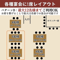 【パターンB】最大12名様でのご利用OK！背中合わせの掘りごたつ席とテーブル席を繋げることで、最大12名様までご利用可能。掘りごたつ席は足を伸ばしてゆっくりとお過ごしいただけます。