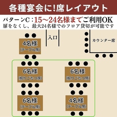 【パターンC】15～24名様までのフロア貸切がOK！扉を全てなくし、テーブル2席と掘りごたつ2席を繋げることで最大24名様までのフロア貸切が可能。会社全体での宴会などにぜひ。