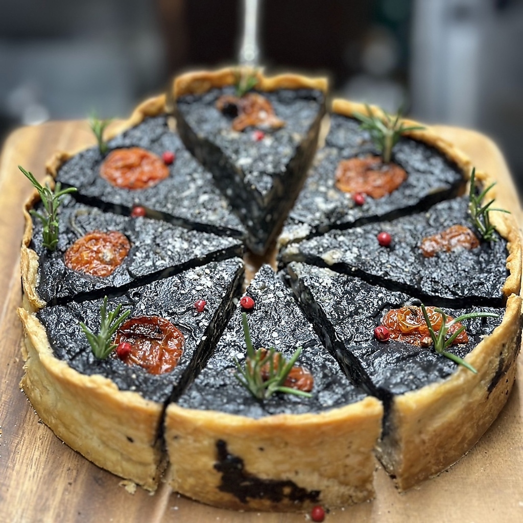 一部のコースにて。イカスミと海の幸たっぷりのキッシュ！