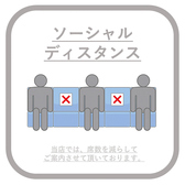 ソーシャルディスタンスを意識してご案内しております◎お客様同士の接触を避けるよう席間隔を開けた席にしております！お店の混雑に応じてお客様の来店をお断りさせて頂く場合がございます。予約をしての来店を推奨しております。いつでもお気軽にご連絡下さい！！