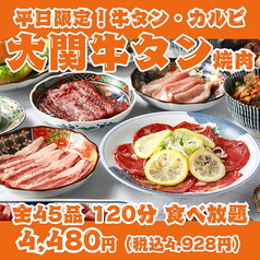 【平日限定！大関焼肉】牛タン・カルビ・ハラミ・仙台ホルモン等全45品120分食べ放題