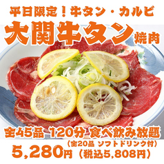【平日限定！大関焼肉】牛タン・カルビ・ハラミ・仙台ホルモン等全45品120分食べ飲み放題