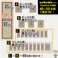 【40～50名様までOK!】大型宴会からカジュアルな飲み会までご利用いただけます。テーブル席・ソファ席・BOX席・個室と人数に合わせてお席をご用意いたします。接待や商談などのビジネス利用や、同窓会や女子会などのお友達とのプライベート利用など、あらゆるシーンでご利用ください。