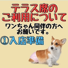 【ペット同伴のお客様へお願い(1)】散歩で排泄を済ませての入店をお願い致します。心配な場合は、マナーウェアの着用をお願い致します。たくさんのお客様にご利用頂く為に、ご理解、ご協力の程よろしくお願い致します。ルール、マナー違反の場合には、ご退店のお声がけをさせていただく場合がございます。