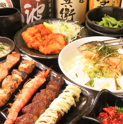 ねぎま、天使のエビ、牛ニンニクたれ焼き、焼き鳥屋のから揚げ、豆腐サラダなどコース