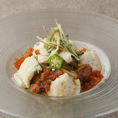 鱧と山形だしの冷製パスタ　甘夏ポン酢のグラニテ