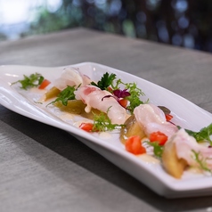 長崎真鯛と博多茄子のカルパッチョ　大葉と甘酒のビネグレットソース