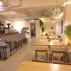 広々とした店内は、グレーのレンガ壁や木目調の家具、そして随所に配された緑が調和するモダンなデザイン。通路が広く設計されており、車椅子やベビーカーをご利用のお客様も安心してお過ごしいただけます。ランチタイムは明るく、ディナータイムはシックな装いへと表情を変える、使い勝手抜群のメインフロアです。