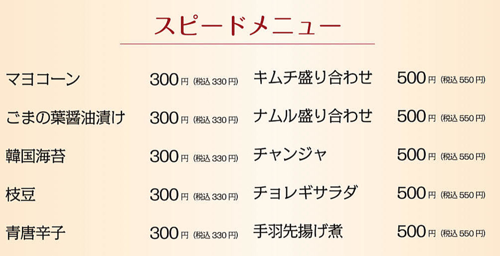 スピードメニューはこちら！
