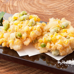 とうもろこしと枝豆のかき揚げ/山芋の柚子胡椒 おかか揚げ　各