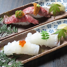 黒毛和牛握り 雲丹山葵 薬味ポン酢/剣先烏賊の波握り 木の芽 イクラ