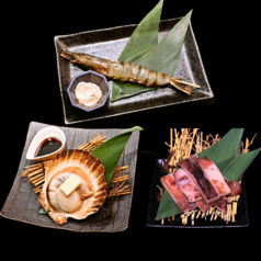 有頭海老　1尾/大粒帆立　1個/いか塩焼き