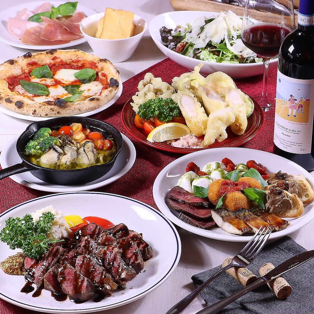 牛肉タリアータ、アヒージョ、ピッツア等、豪華パーティーメニュー！１２０分飲み放題付き特別コース