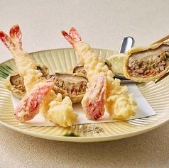 大海老の天婦羅と合鴨の椎茸射込み揚げ