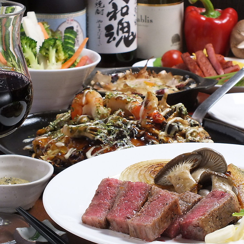 和牛ステーキと天神名物広島焼きが味わえる飲み放題付&lt;120分&gt;6600円(税込)デラックスコース