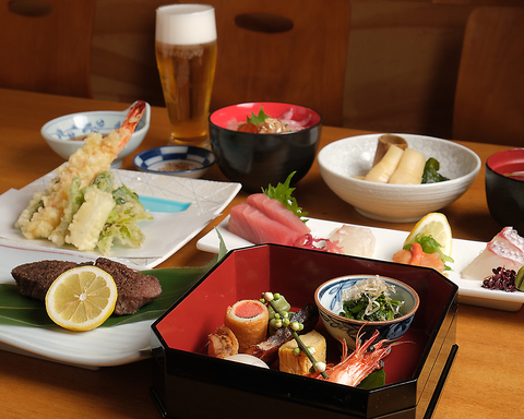 【お造り,牛フィレ肉,天麩羅など全6品】旬の食材を使い贅を尽くした葵(あおい)コース