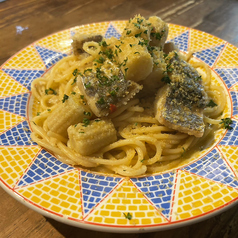 ハモとヤングコーンのペペロンチーノ スパゲッティ カラスミがけ