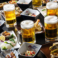 焼き鳥・野菜巻き・肉寿司・揚げ物など全品食べ放題！生ビール付きの飲み放題もセットで、心ゆくまで楽しめる贅沢な内容。